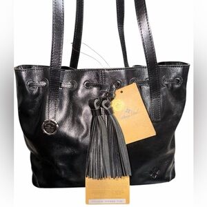 Patricia Nash Whitney Black Leather drawstring Tote with Tassels NWT